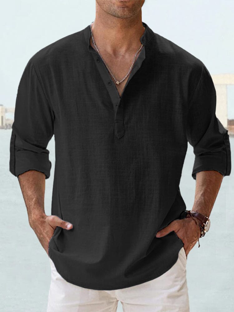 Camisa casual de algodón y lino de manga larga