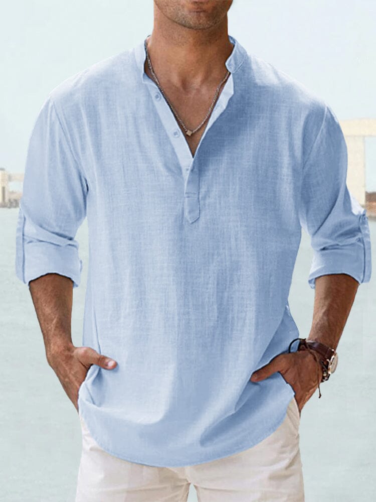 Camisa casual de algodón y lino de manga larga