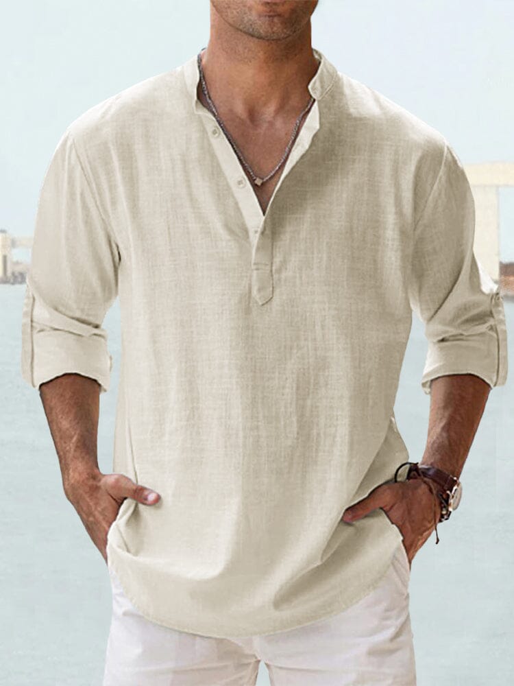 Camisa casual de algodón y lino de manga larga