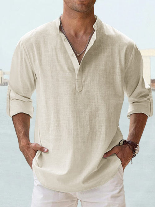 Camisa casual de algodón y lino de manga larga