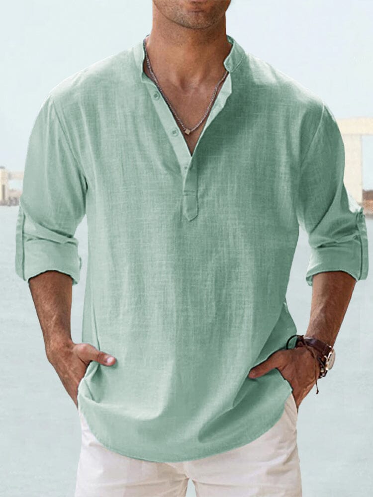 Camisa casual de algodón y lino de manga larga