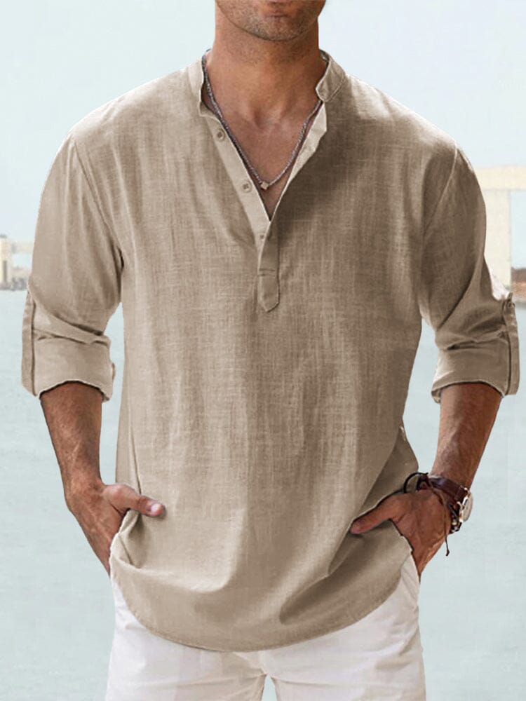 Camisa casual de algodón y lino de manga larga