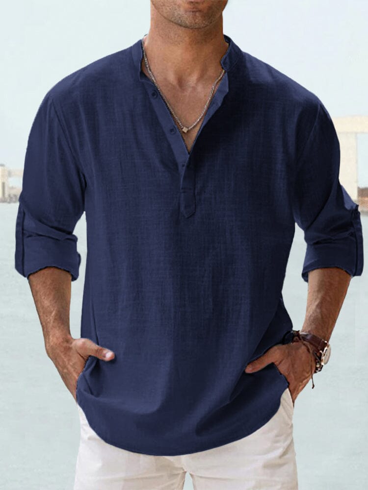 Camisa casual de algodón y lino de manga larga