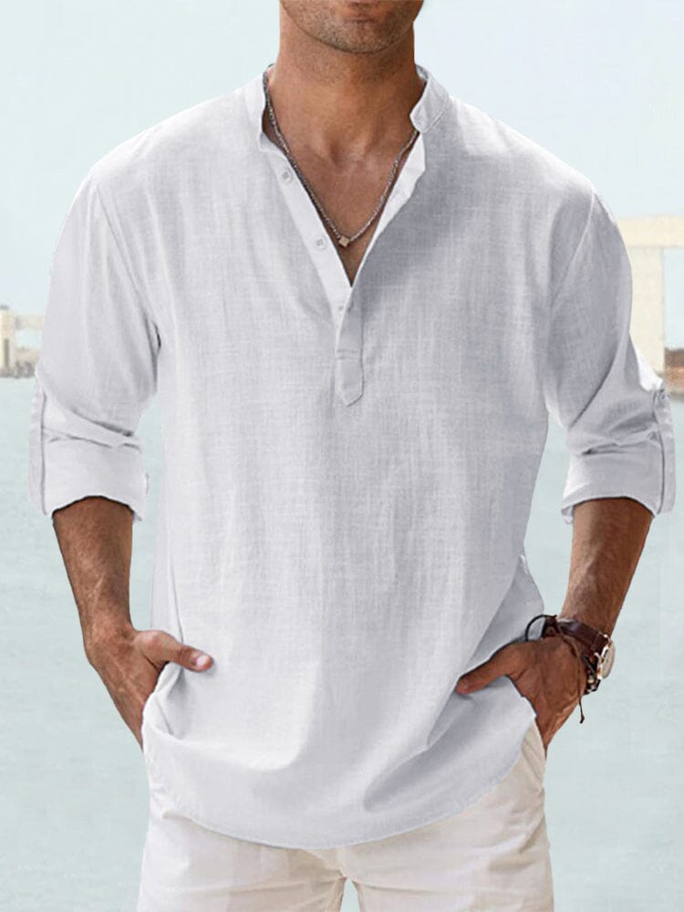 Camisa casual de algodón y lino de manga larga