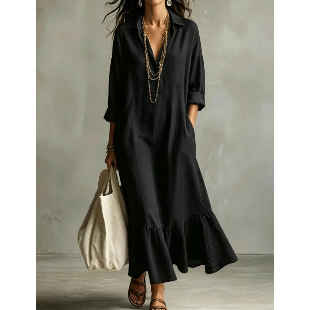 Vestido maxi Claire de lino con cuello solapa