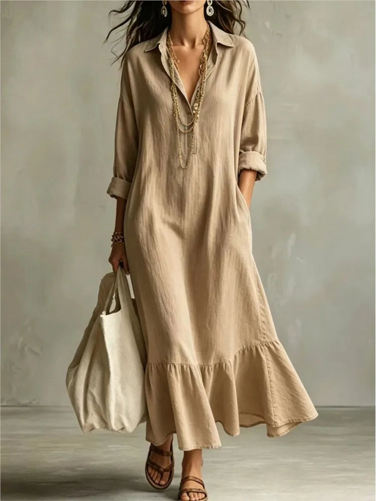 Vestido maxi Claire de lino con cuello solapa