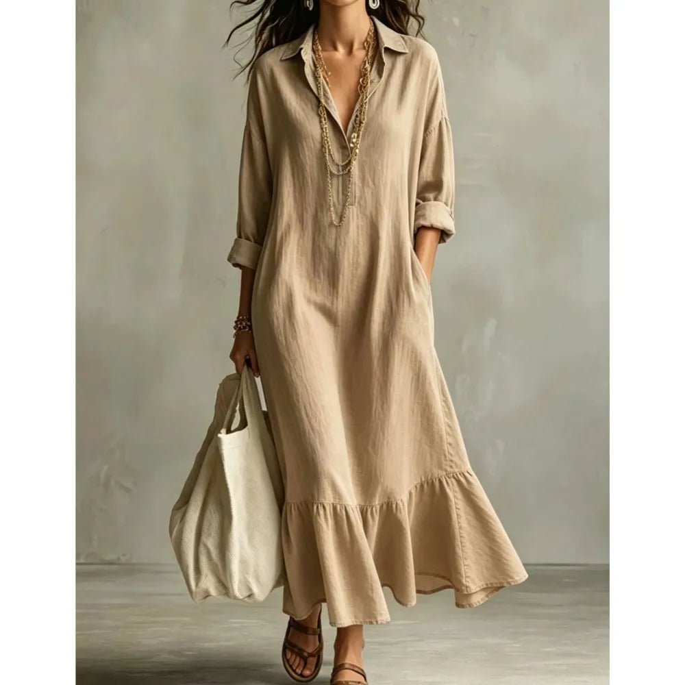 Vestido maxi Claire de lino con cuello solapa