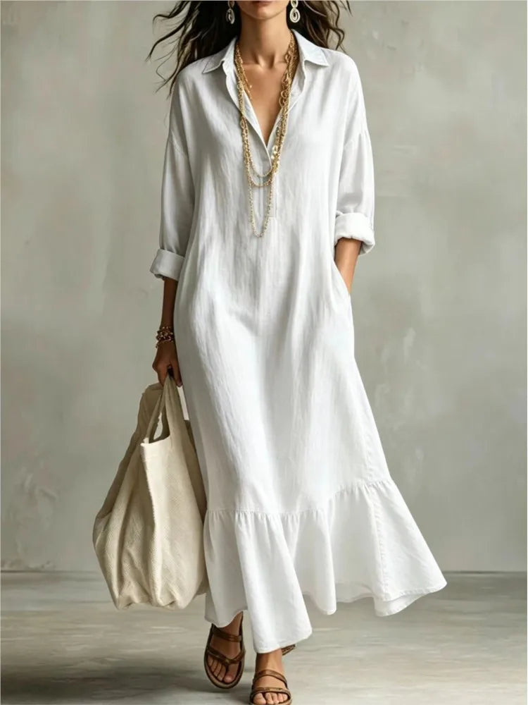 Vestido maxi Claire de lino con cuello solapa