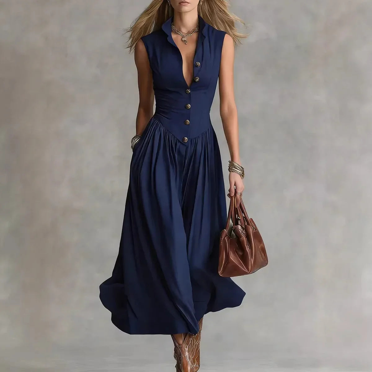 Vestido maxi entallado de lino con botones