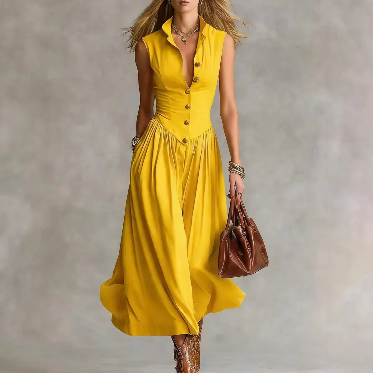 Vestido maxi entallado de lino con botones