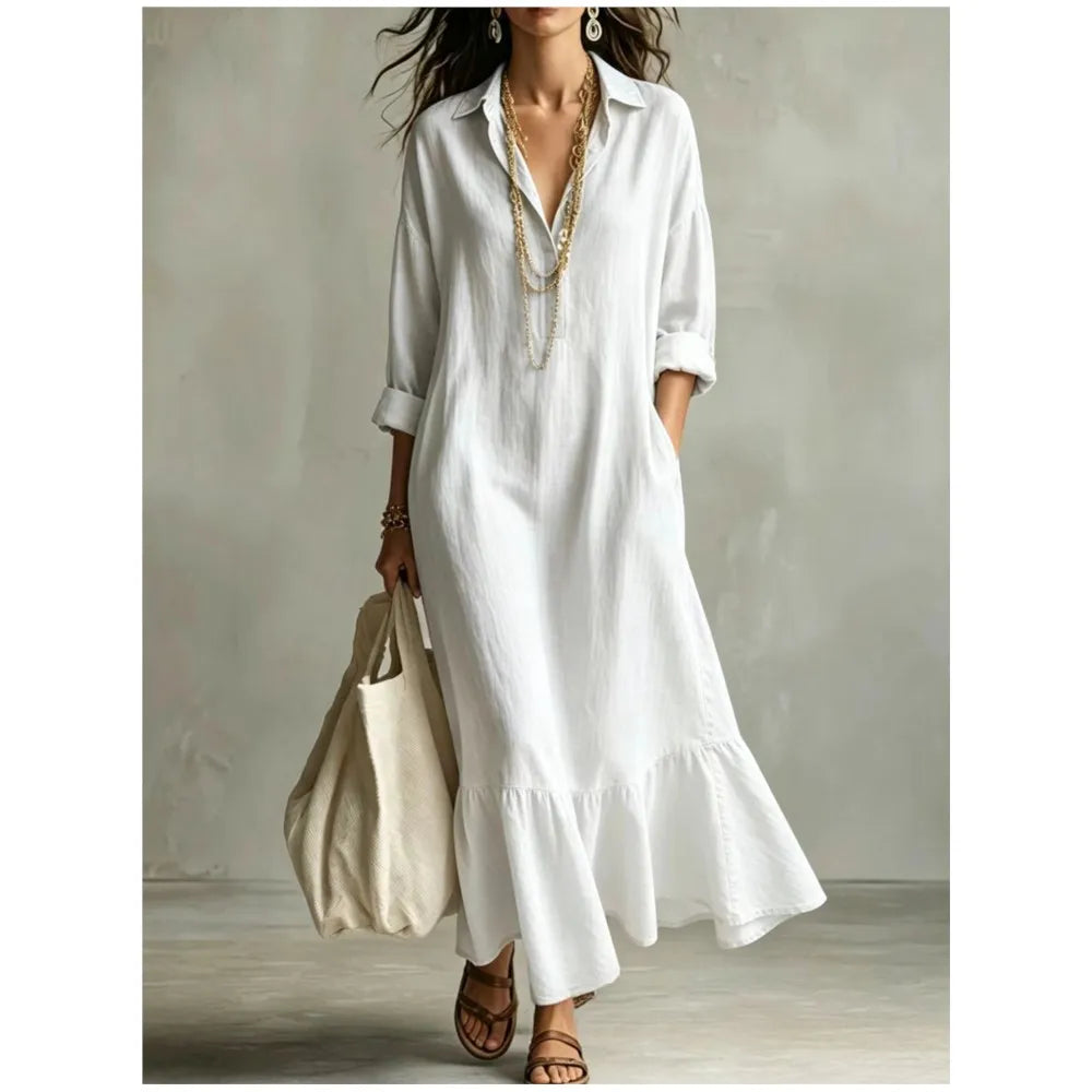 Vestido maxi Claire de lino con cuello solapa