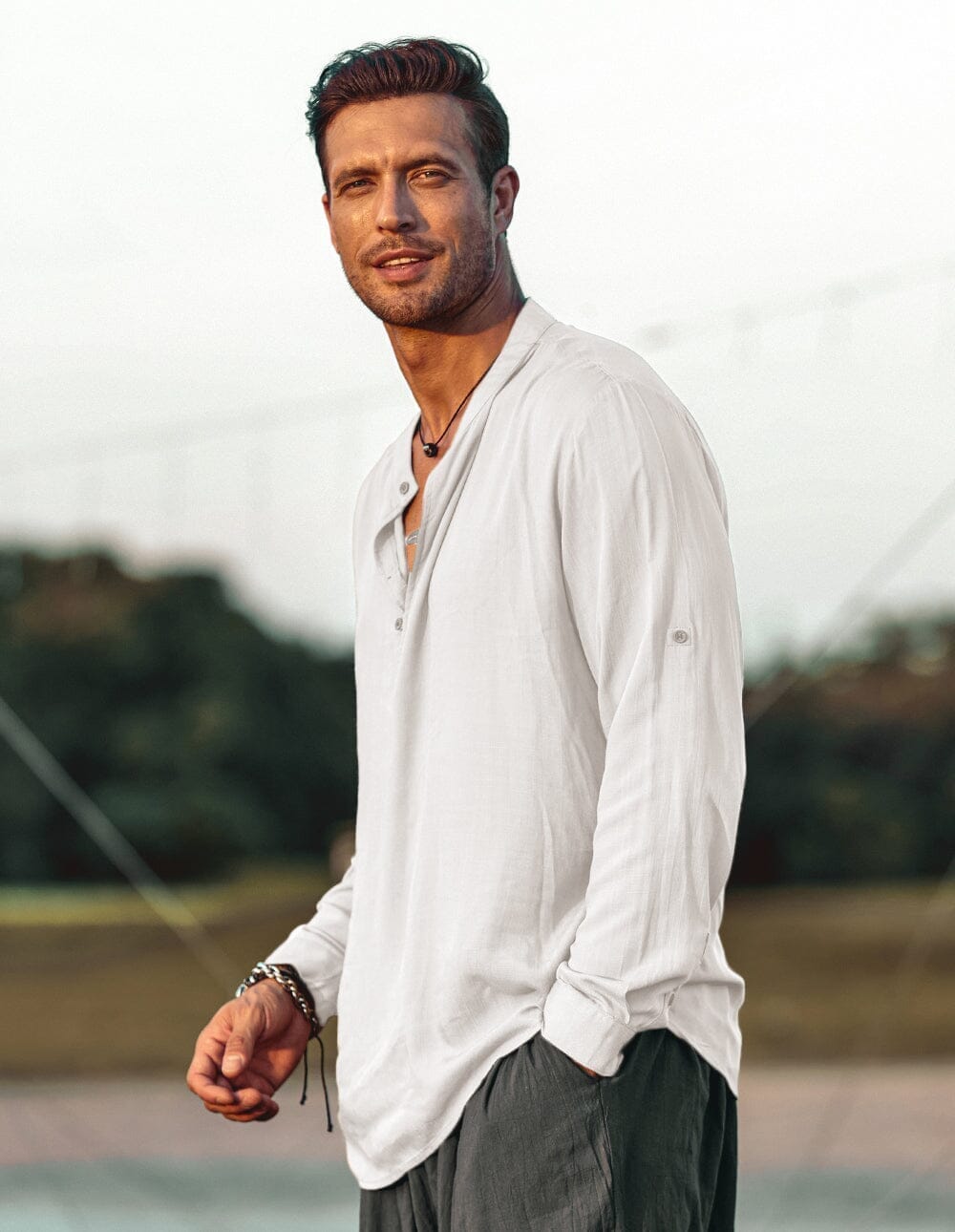 Camisa henley de lino de manga larga