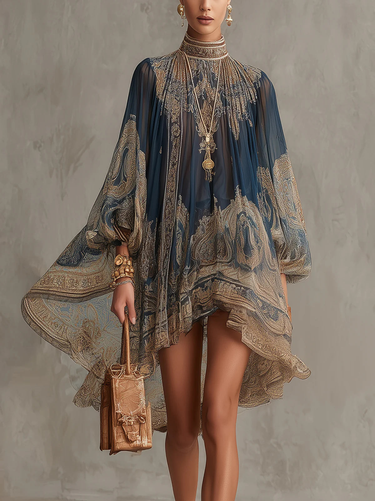 Vestido corto Iris de cuello alto con mangas de volante