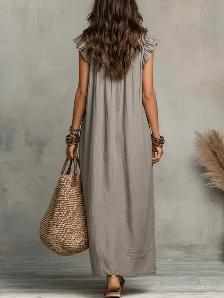 Vestido Natalie de lino con volantes y cuello en V