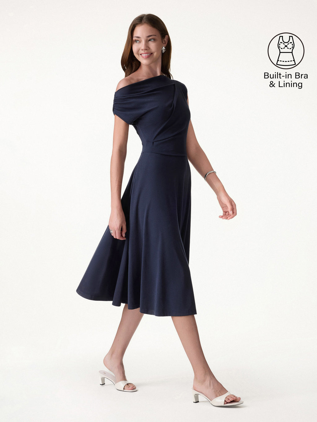 Vestido brami midi de hombro asimétrico con bolsillos