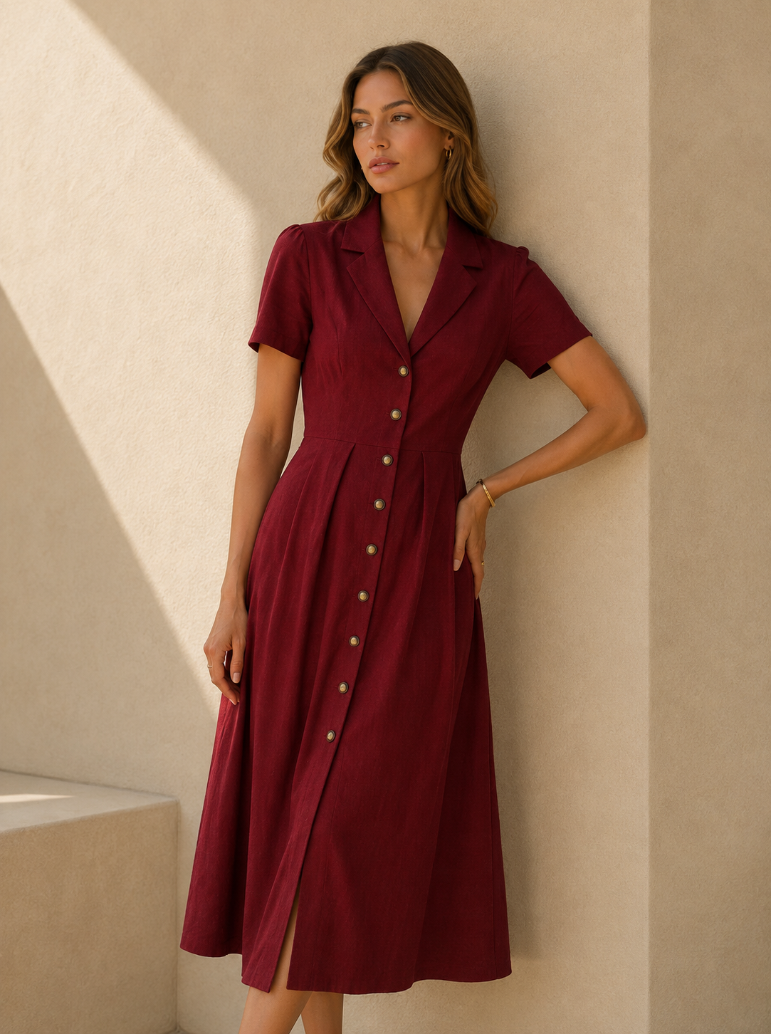 Vestido midi rojo de línea A con pliegues y botones