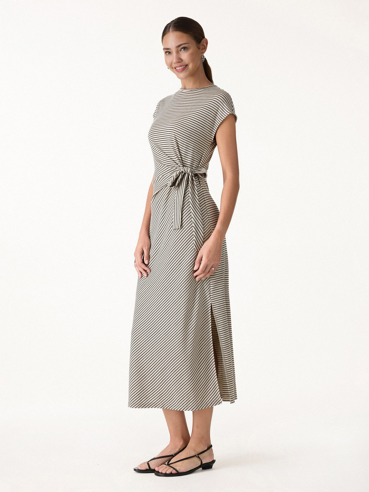 Vestido midi de rayas relajado con lazo ajustable