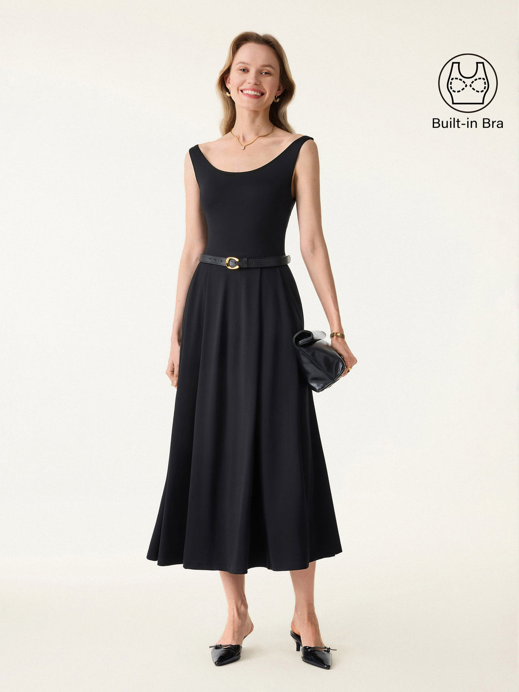 Vestido brami midi de cuello barco con bolsillos