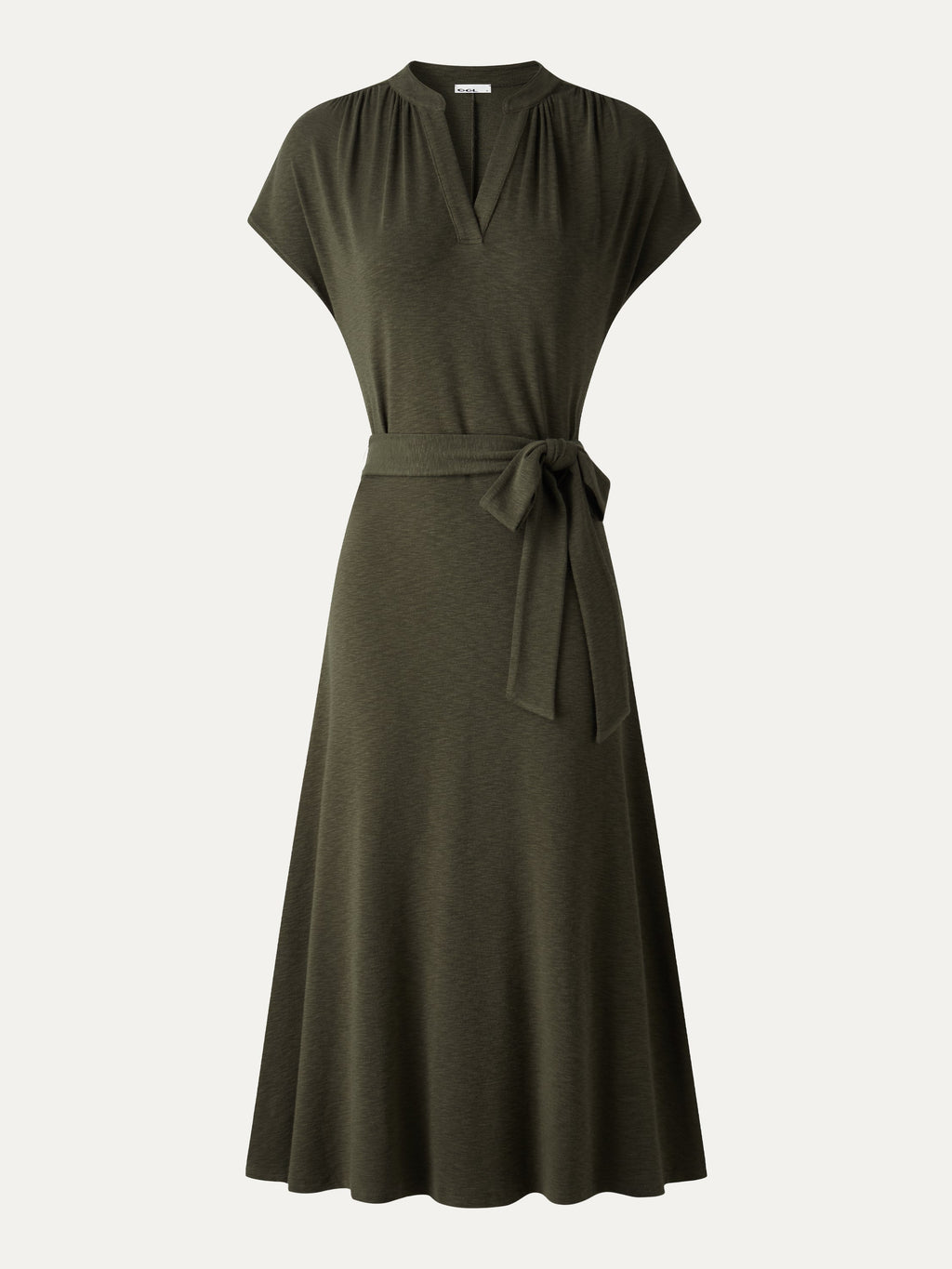 Vestido midi de cuello en V con manga corta y cinturón