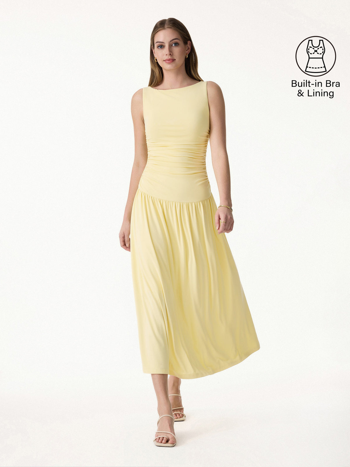 Vestido brami midi de cuello barco fruncido