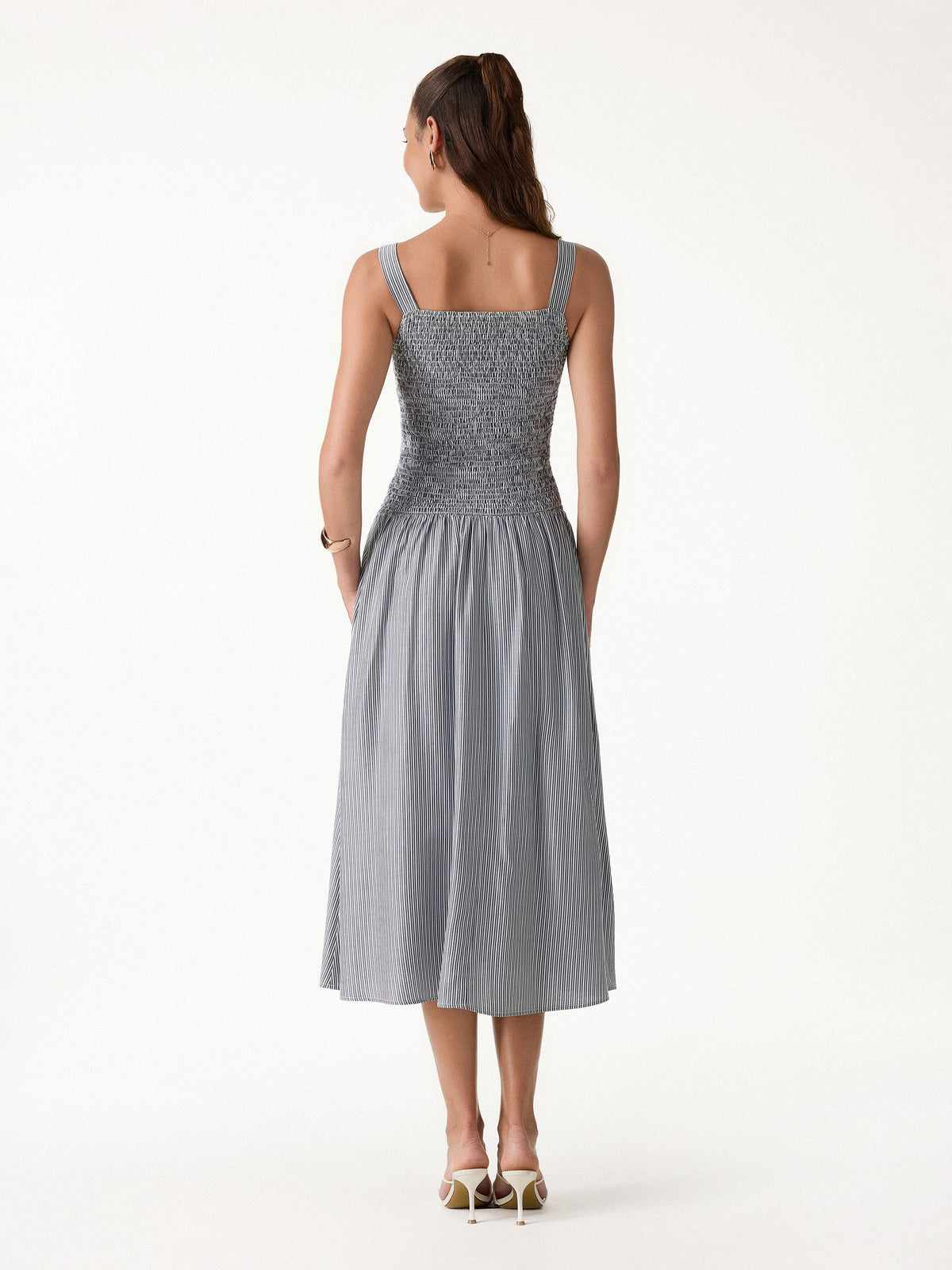 Vestido midi brami de popelín a rayas con espalda abierta