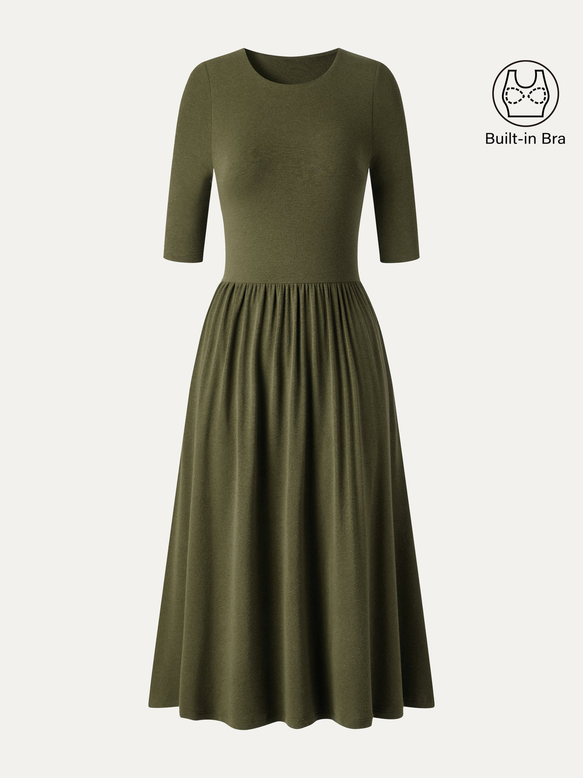 Vestido brami midi evasé de cuello redondo con mangas a los codos y bolsillos