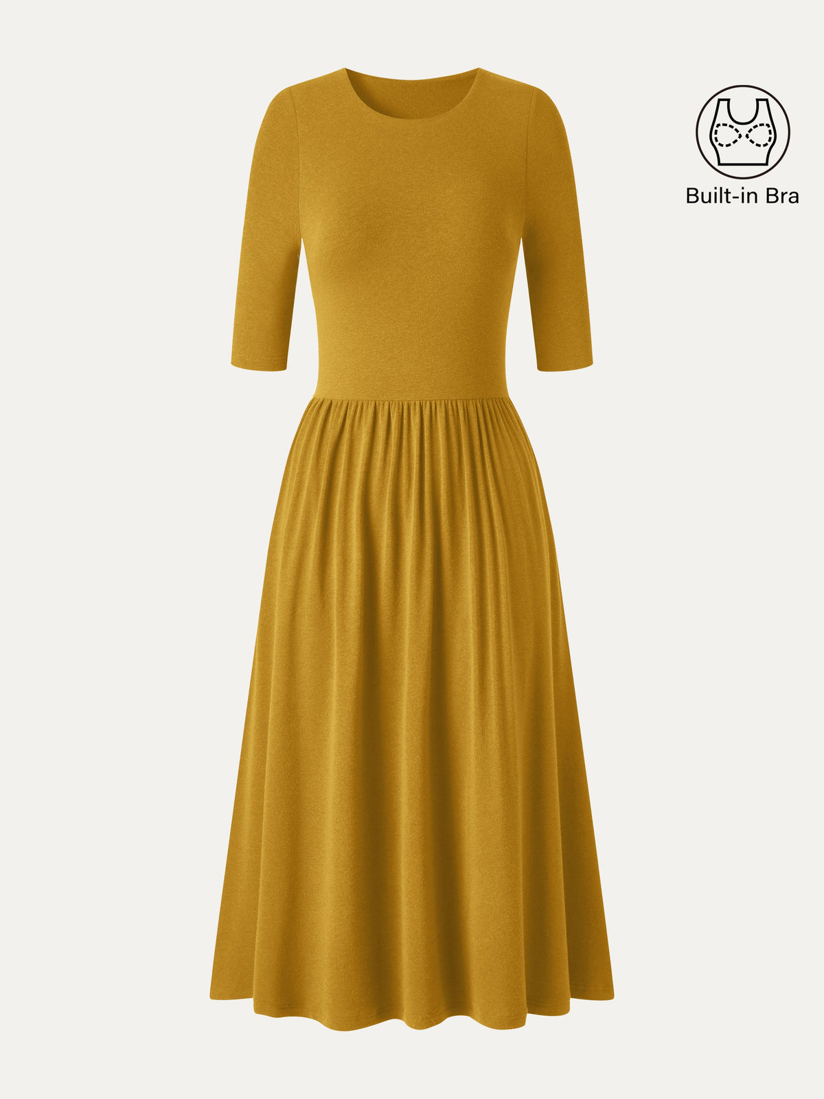 Vestido brami midi evasé de cuello redondo con mangas a los codos y bolsillos