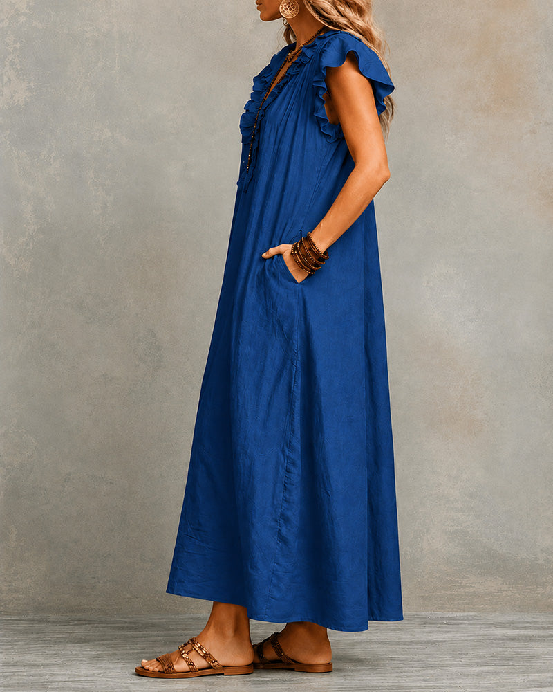 Vestido largo de algodón y lino con cuello en V