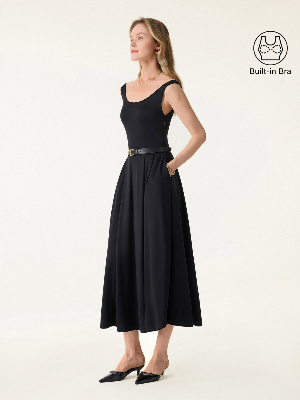 Vestido brami midi de cuello barco con bolsillos