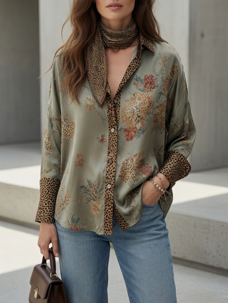 Blusa Tara verde salvia de leopardo y flores