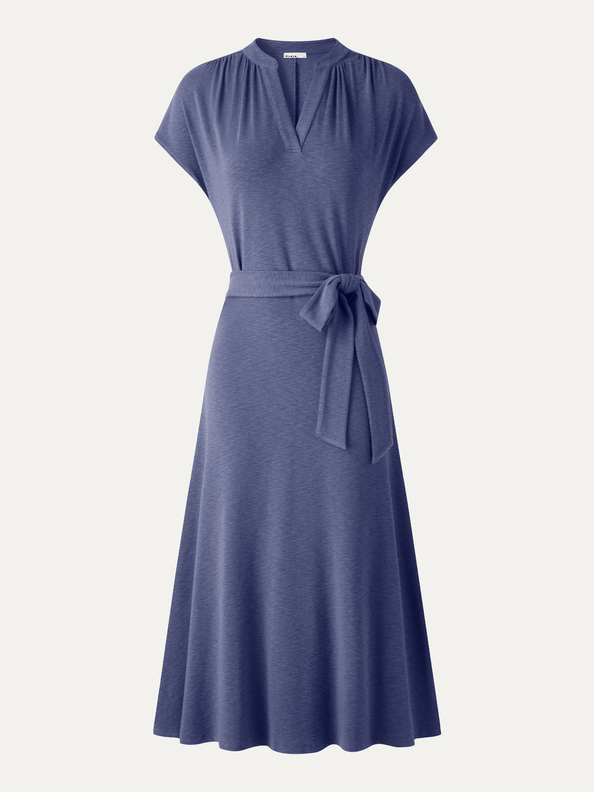 Vestido midi de cuello en V con manga corta y cinturón