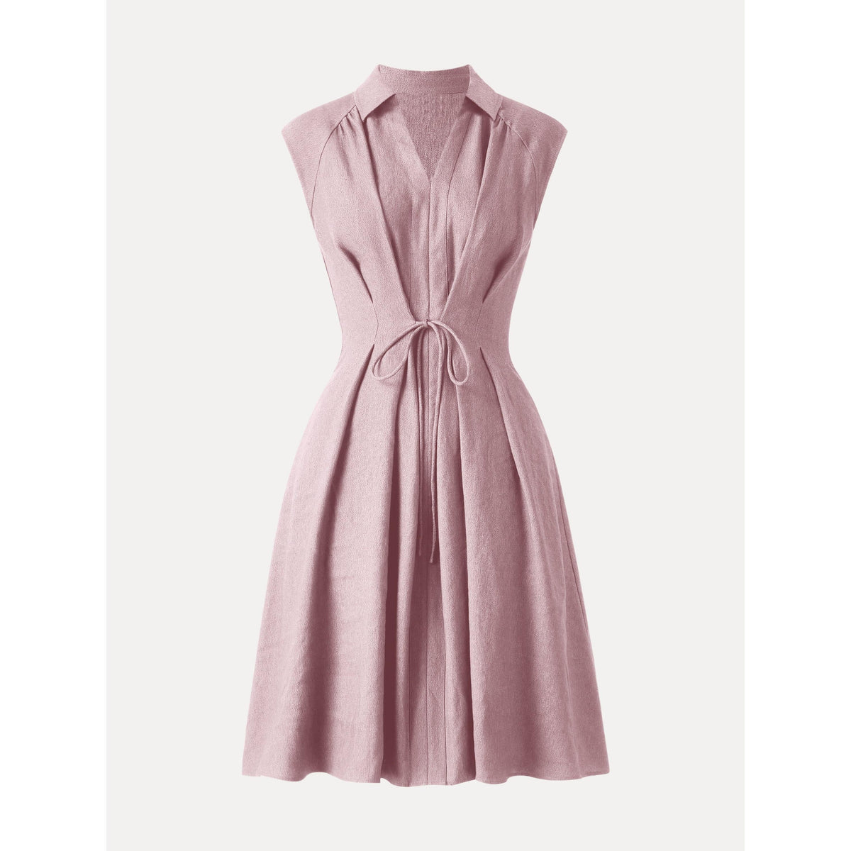 Vestido midi de viscosa y lino con cuello en V y cordón