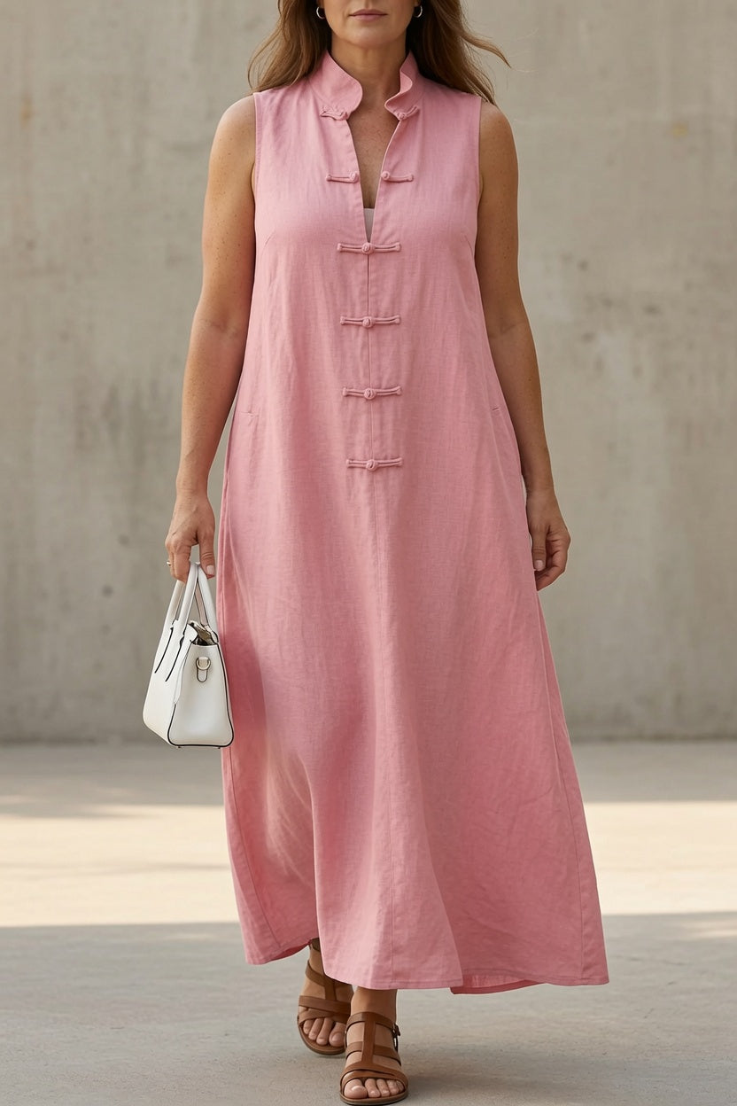 Vestido maxi Natalie de lino con cuello mandarín