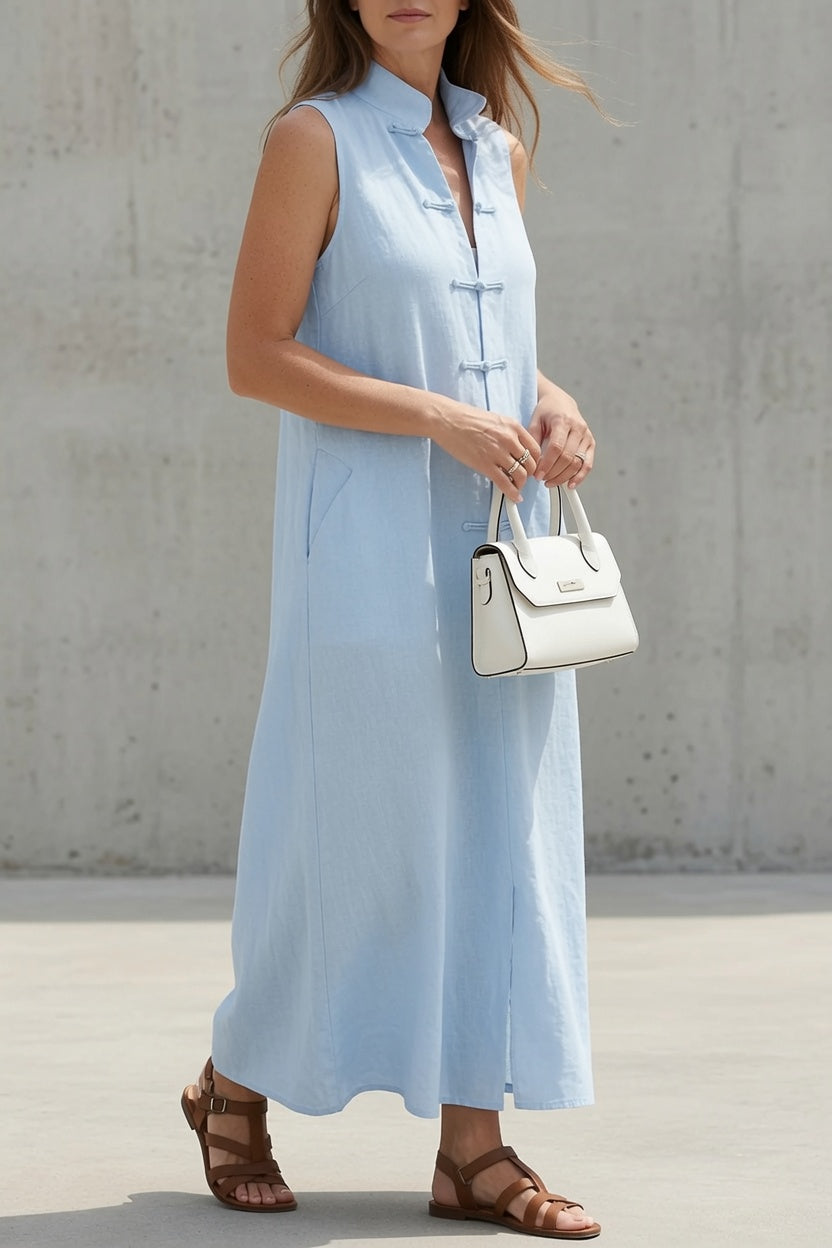 Vestido maxi Natalie de lino con cuello mandarín