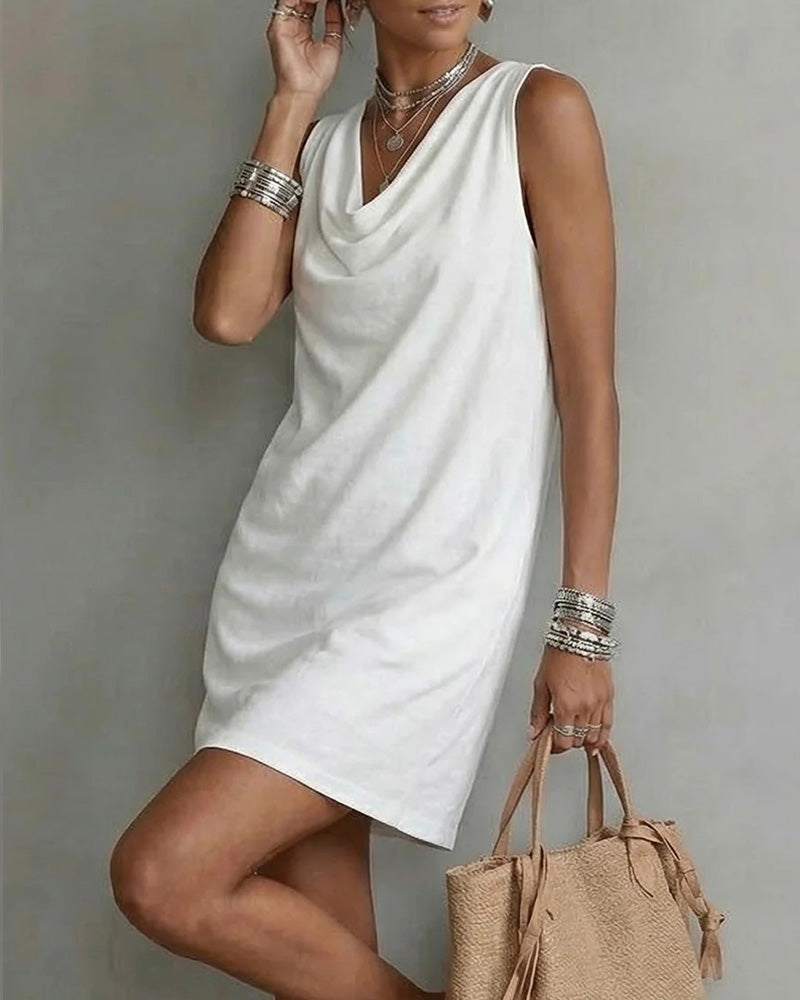 Vestido sin mangas liso con cuello drapeado