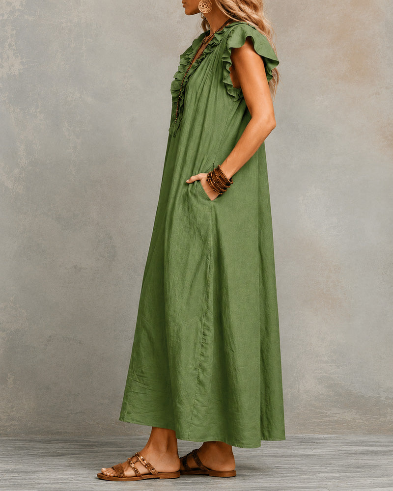 Vestido largo de algodón y lino con cuello en V