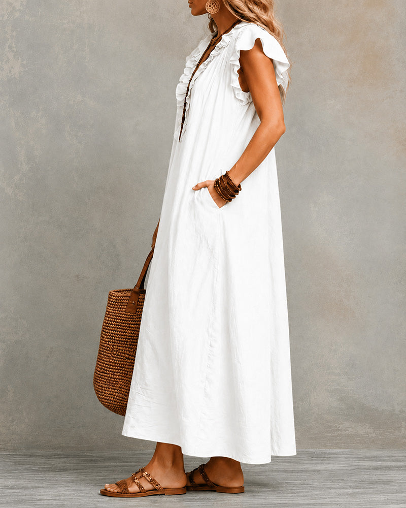 Vestido largo de algodón y lino con cuello en V