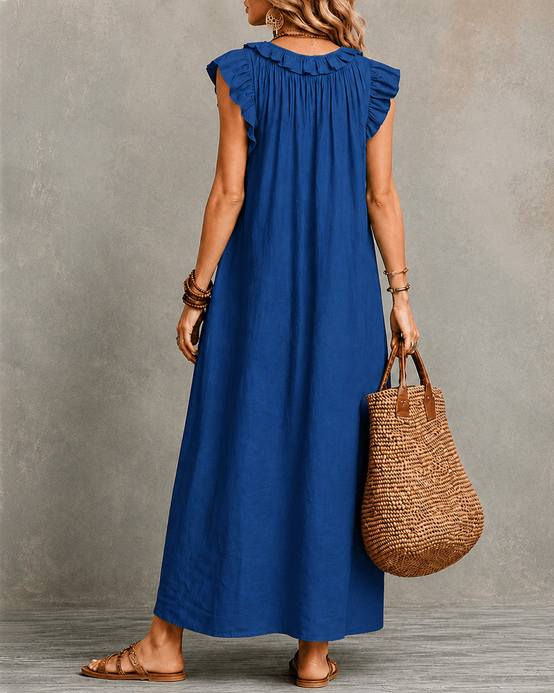 Vestido largo de algodón y lino con cuello en V
