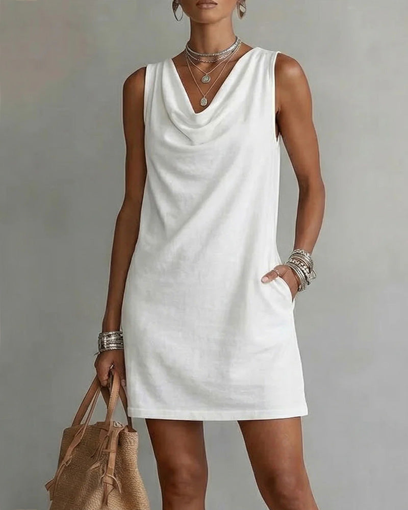 Vestido sin mangas liso con cuello drapeado