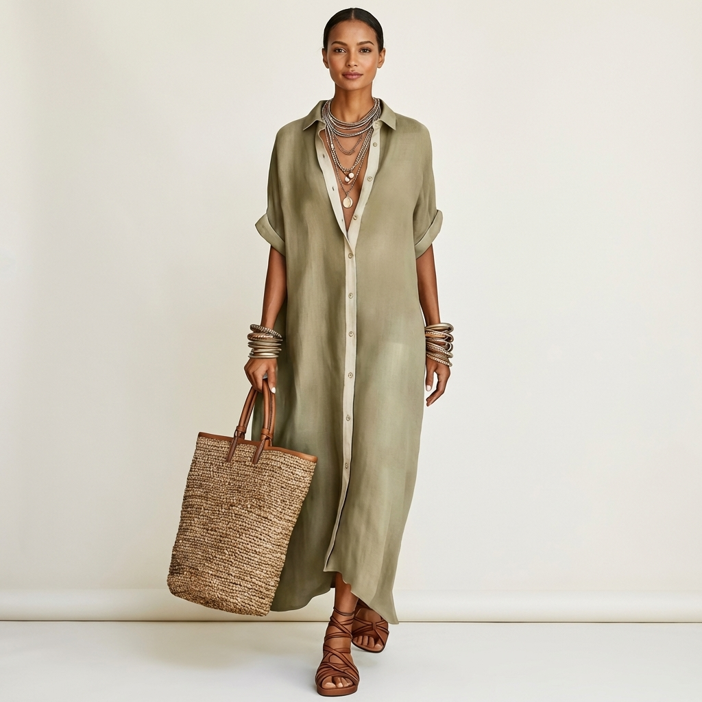 Vestido camisero maxi Kamira con cuello de contraste