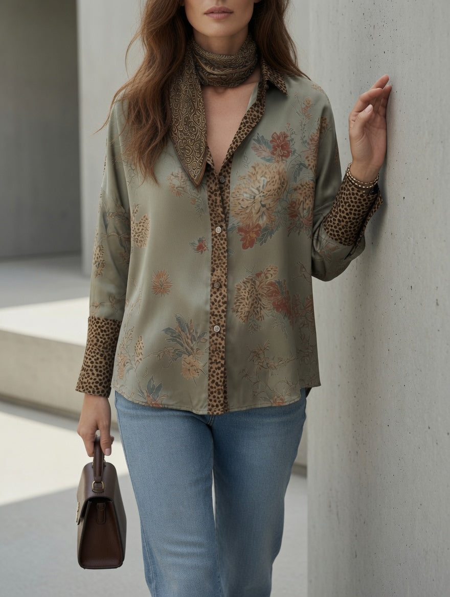 Blusa Tara verde salvia de leopardo y flores