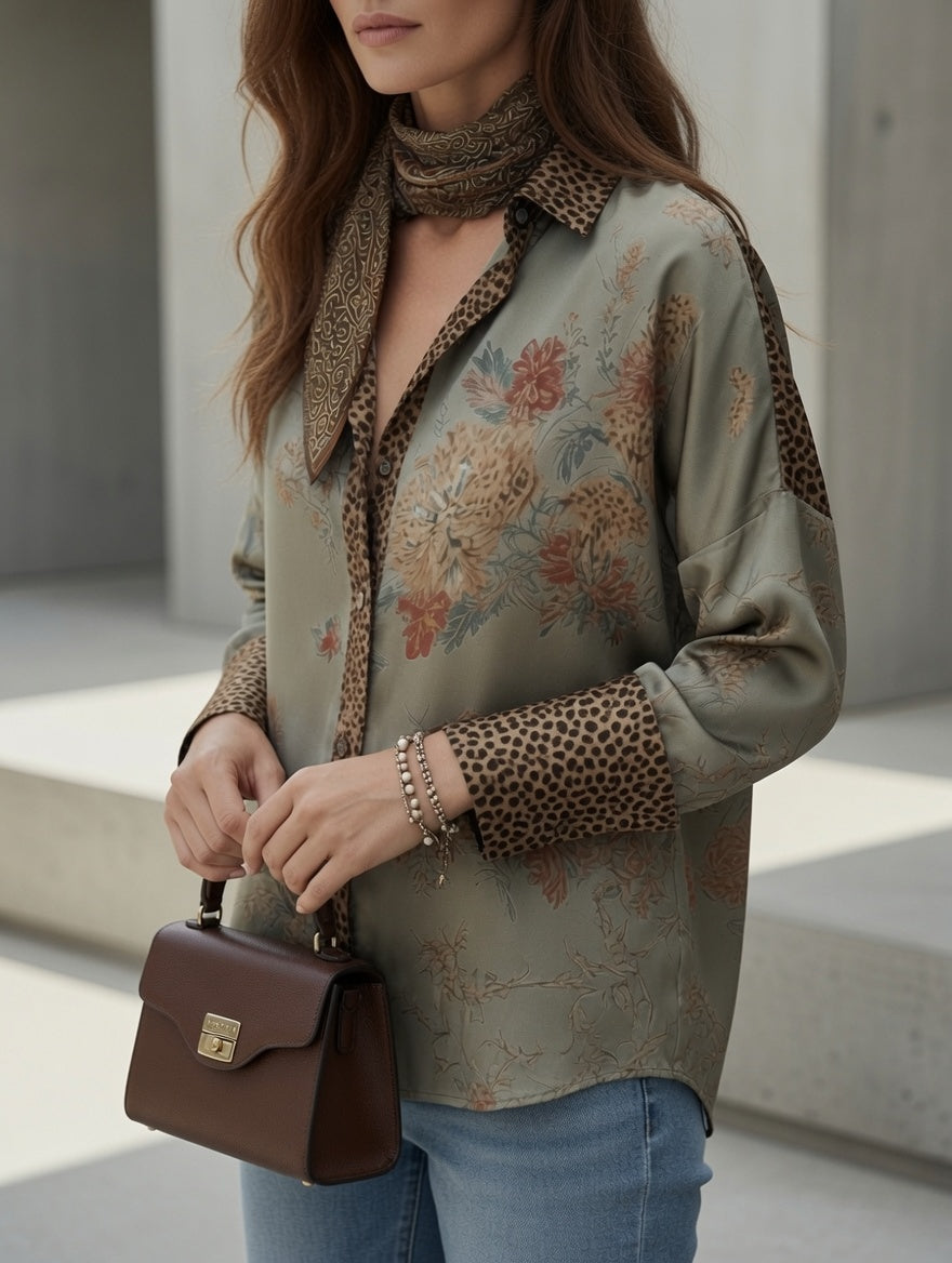 Blusa Tara verde salvia de leopardo y flores