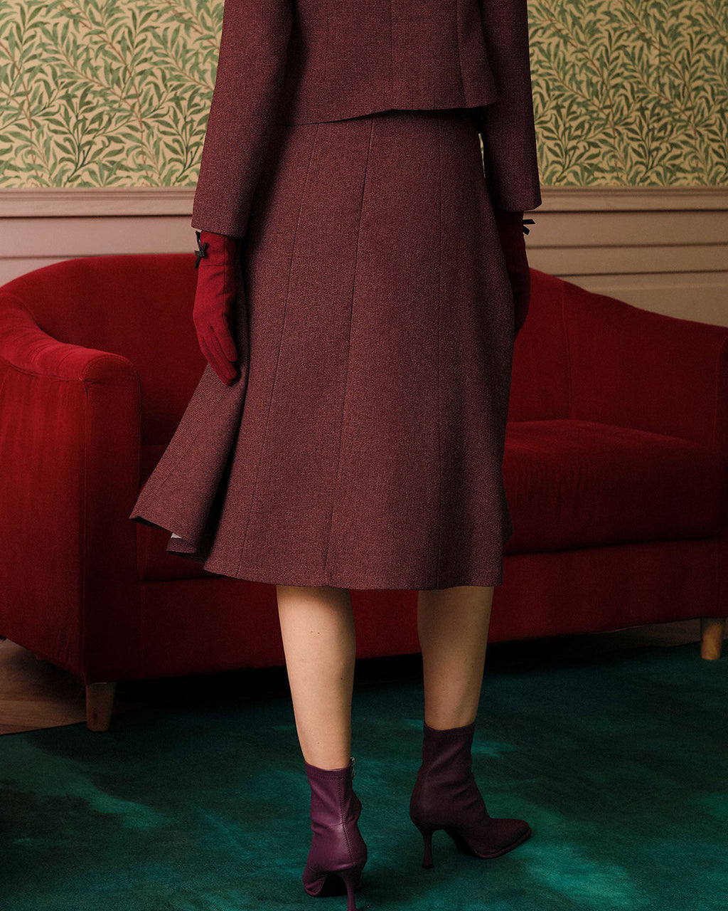 Falda de tweed de cintura alta color burdeos