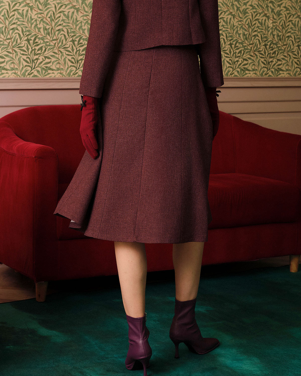 Falda de tweed de cintura alta color burdeos