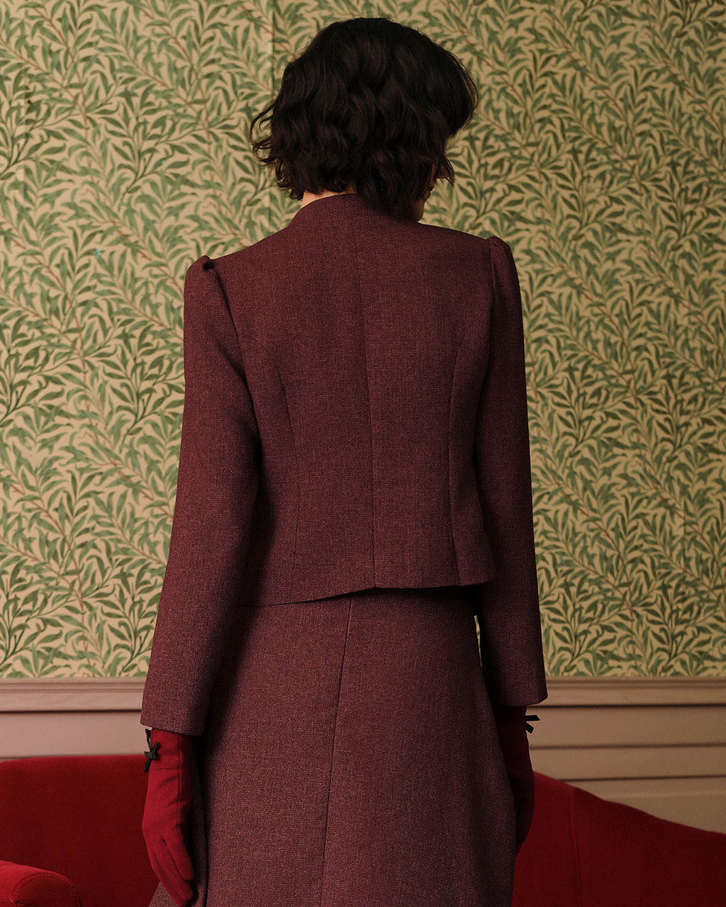 Chaqueta de tweed retro de un solo botón en burdeos
