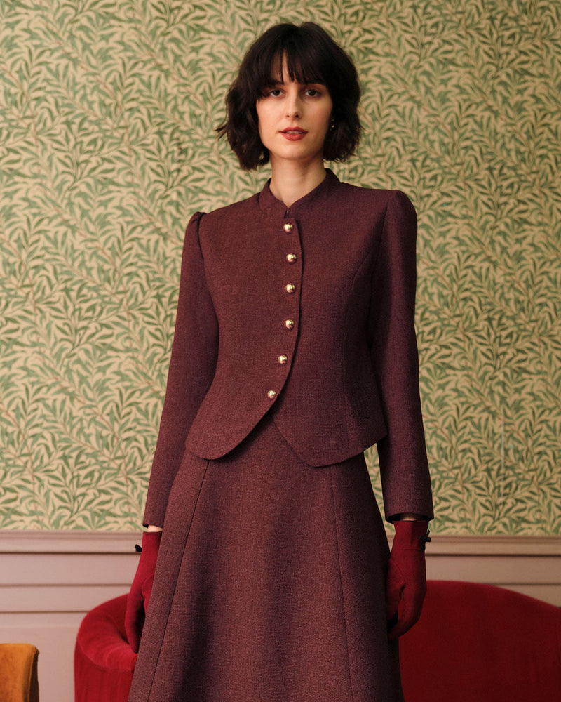 Chaqueta de tweed retro de un solo botón en burdeos