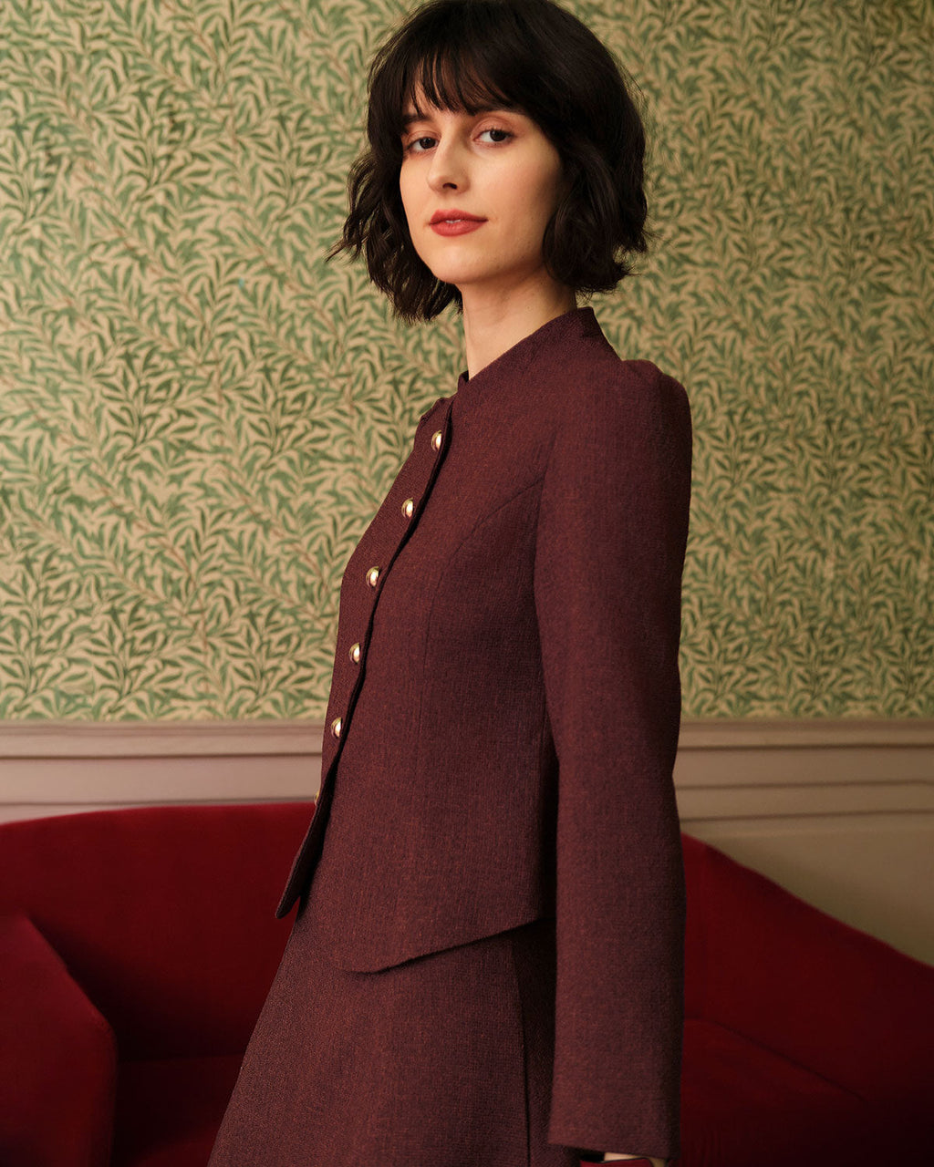 Chaqueta de tweed retro de un solo botón en burdeos