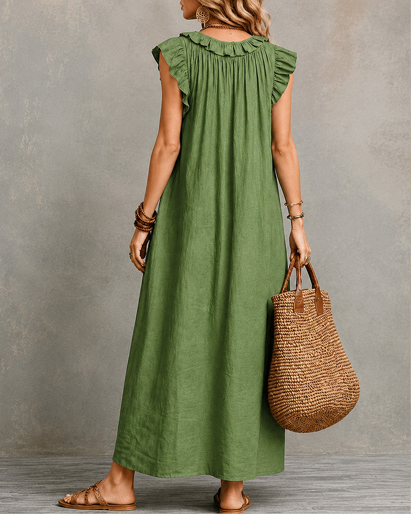 Vestido largo de algodón y lino con cuello en V