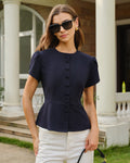 Blusa azul marino de cuello redondo con manga tipo pétalo