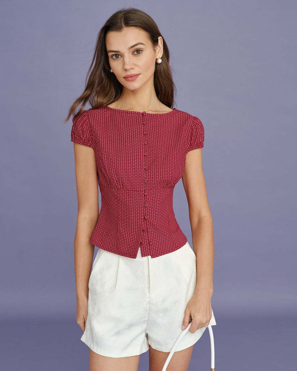 Blusa roja a cuadros con escote barco